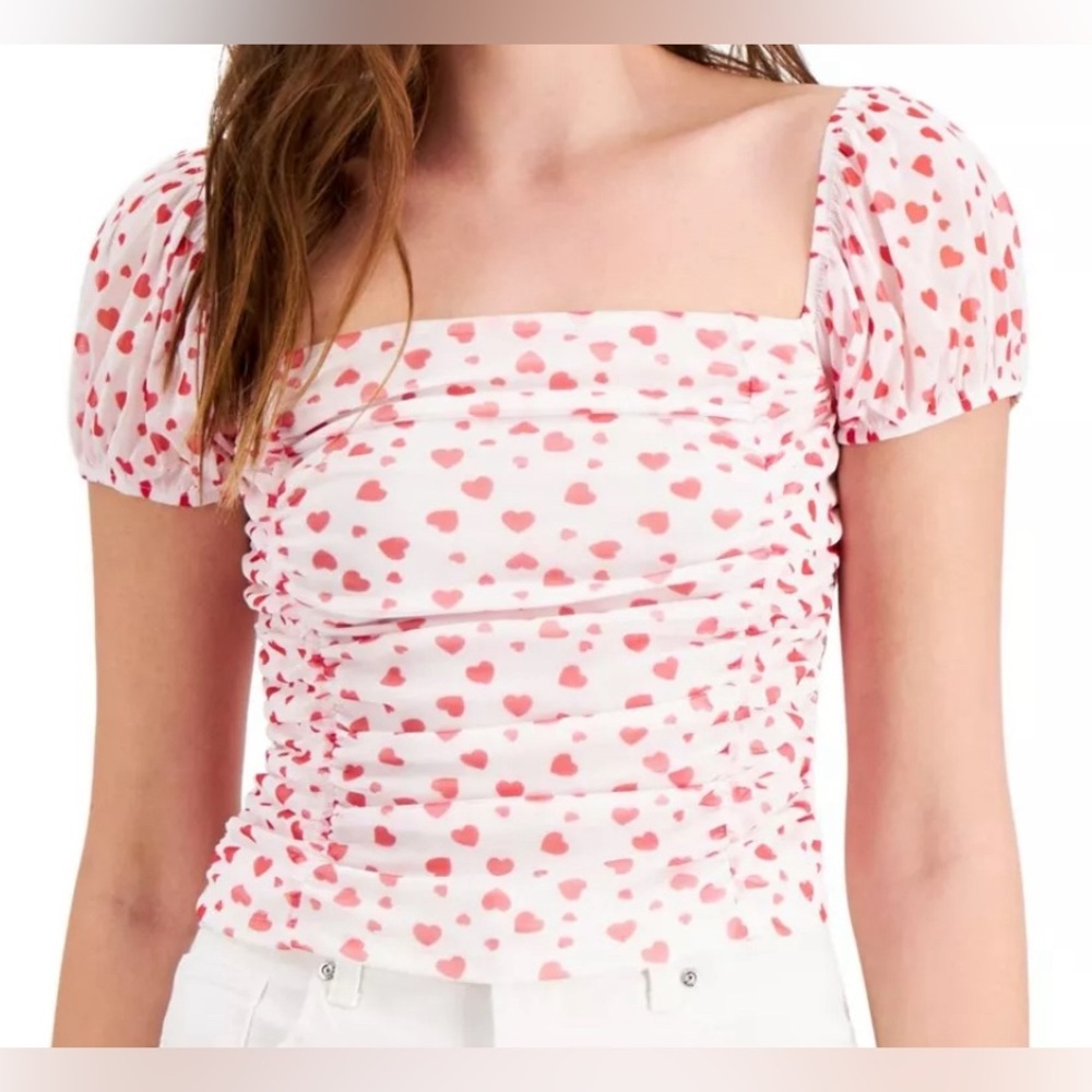 BAR III Womens White ❤️ Hearts ❤️ Cap Sleeve Square Neck Top Size L. Boutique